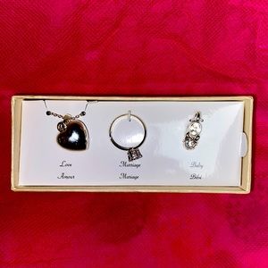 Vintage love, marriage, baby. Necklace with heart,ring baby shoe charm.